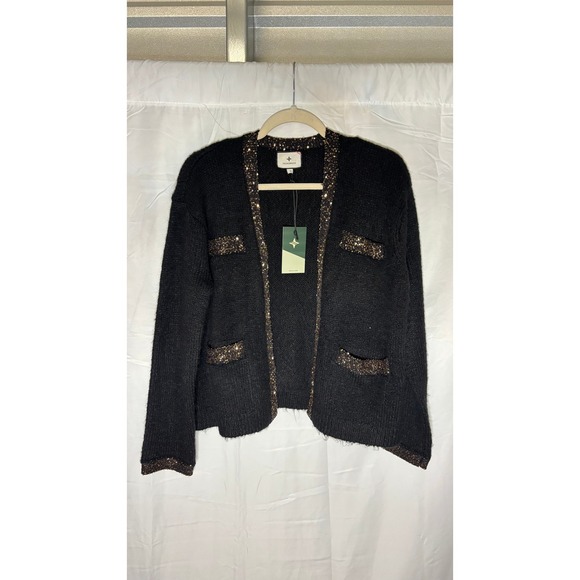 $228 NWT Tuckernuck Black Boucle Fallon Sequin Trim Cardigan Sweater Size S - Picture 3 of 11